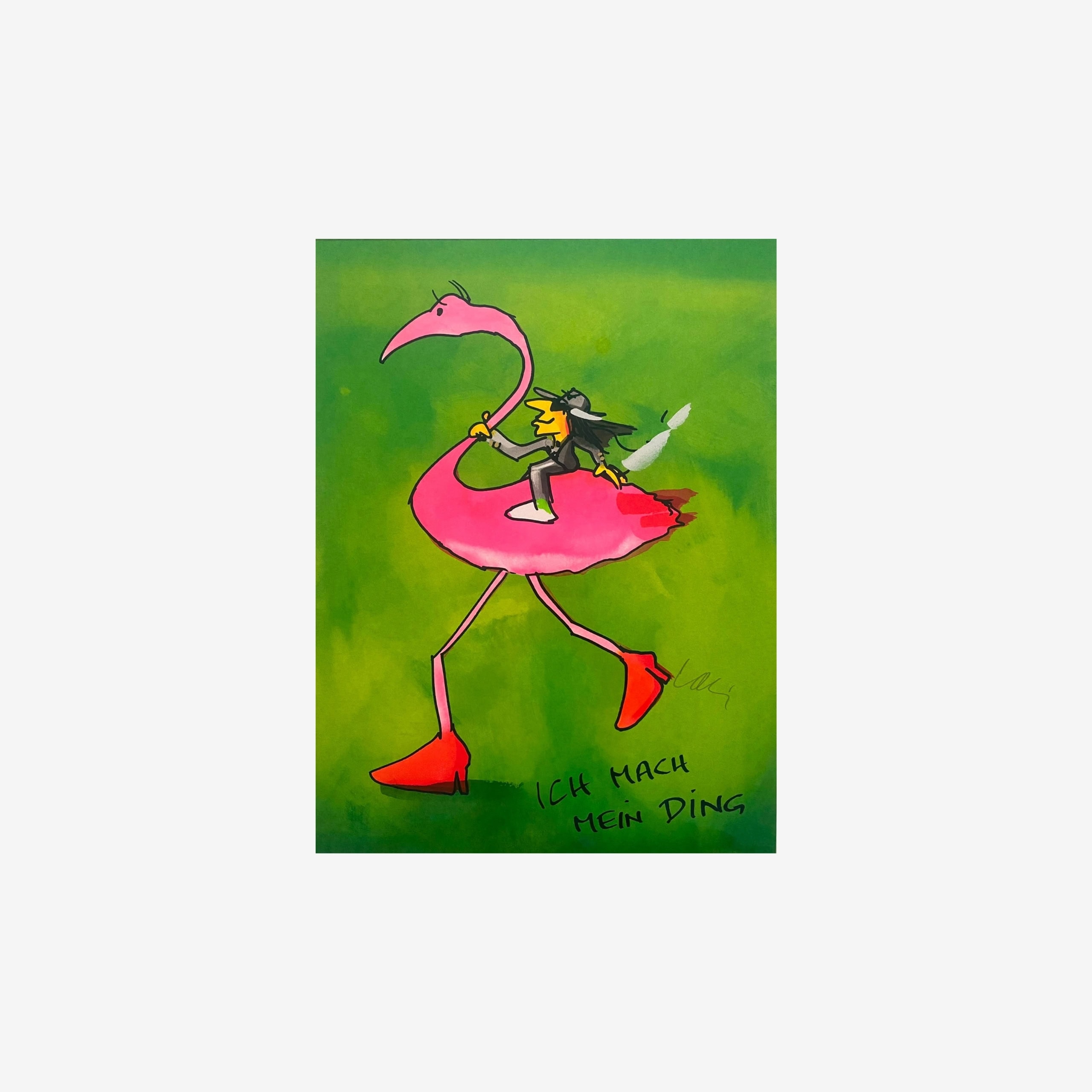 Udo Lindenberg Ich mach mein Ding Flamingo Green Edition 2023, Siebdruck ungerahmt auf weißem Hintergrund.