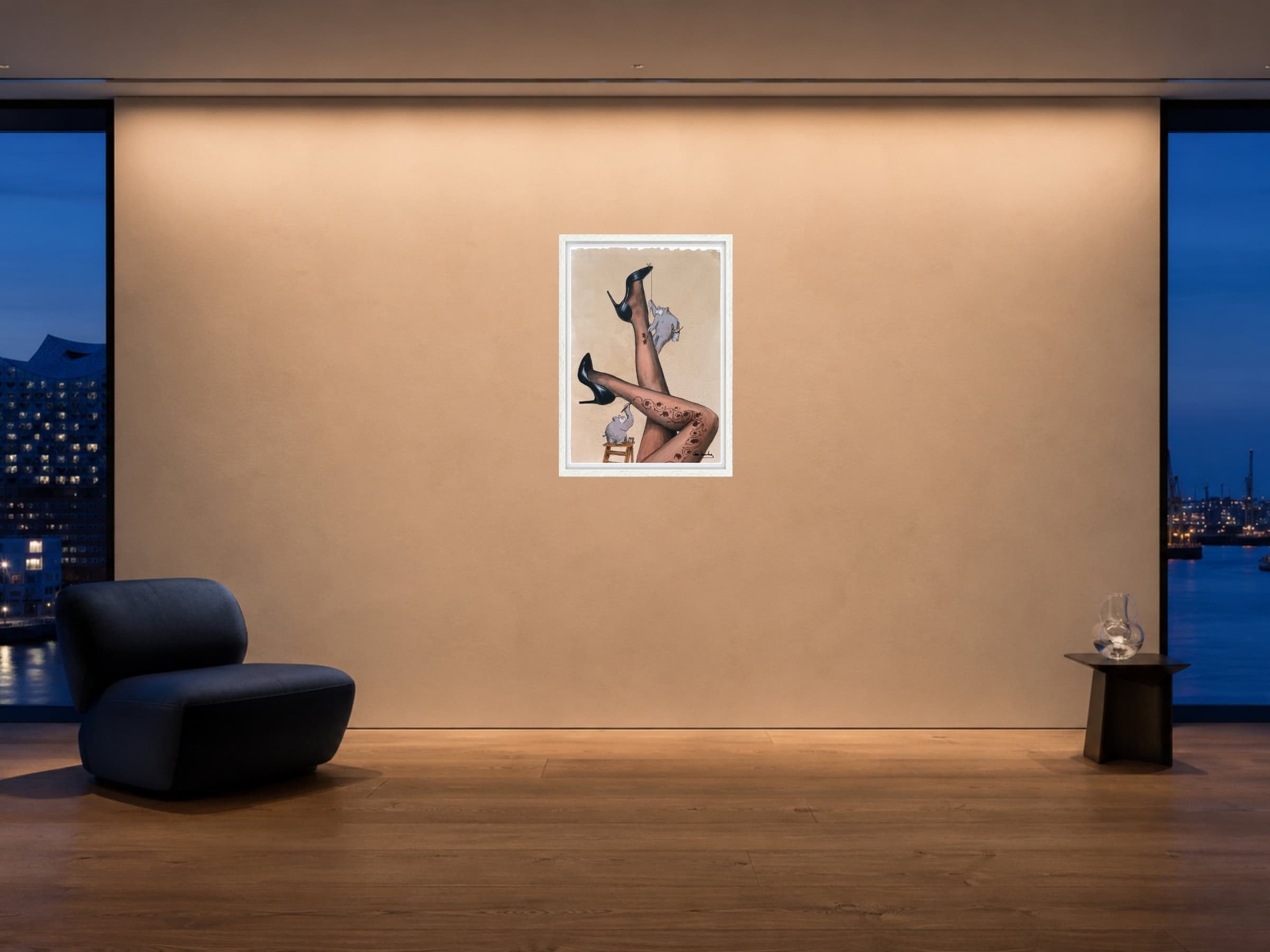 Otto Waalkes Auf dem Strich III gerahmt an einer Sichtbetonwand in einem modernen Hafen-Loft.
