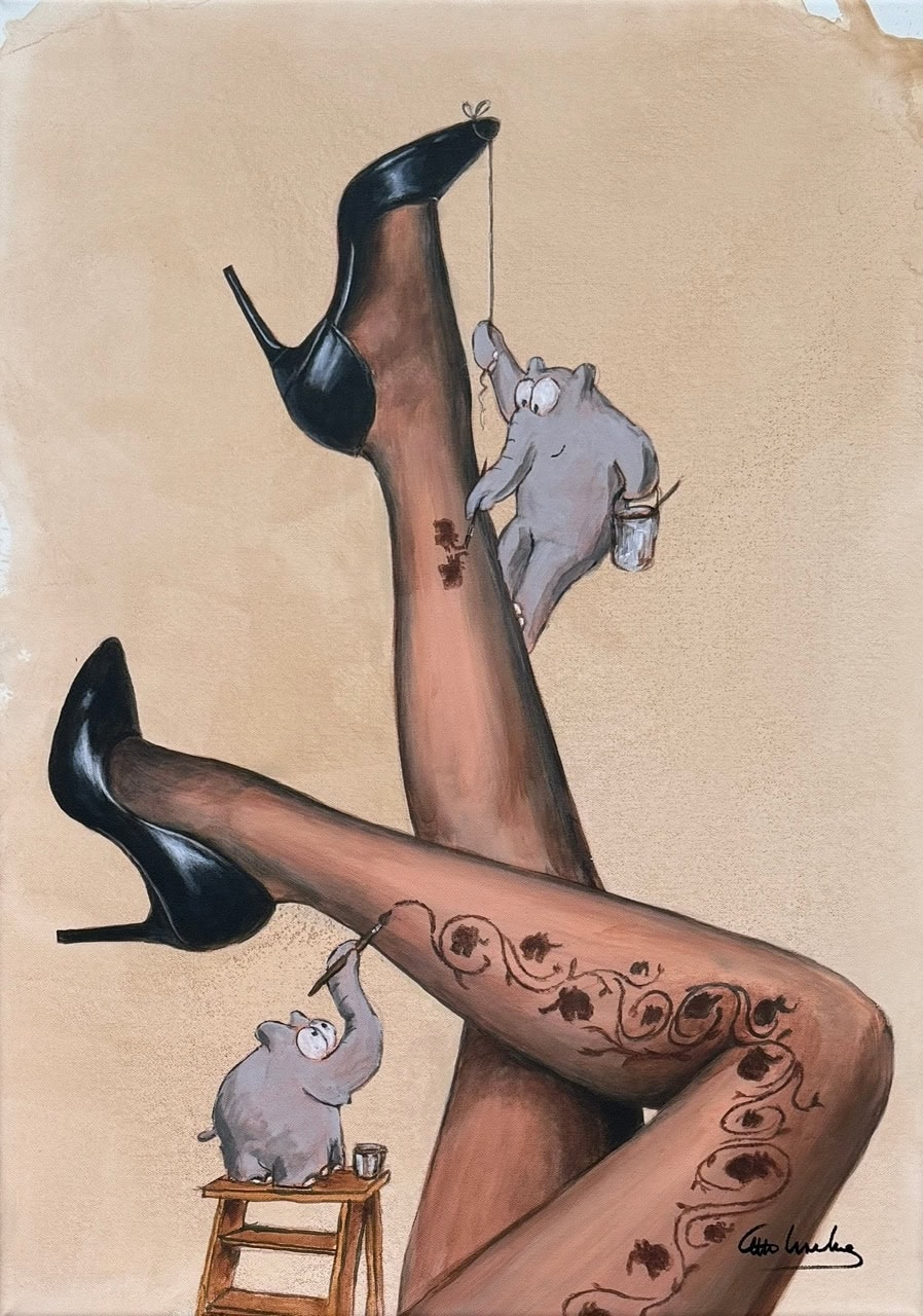 Ungerahmte Motivansicht von Otto Waalkes Auf dem Strich III im Hochformat mit Pin-up-Beinen und Ottifanten.