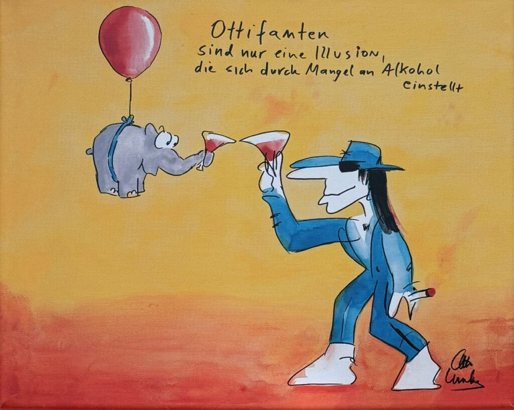 Ungerahmte Motivansicht von Otto Waalkes Illusion II: Ottifant am roten Ballon stößt mit Udo Lindenberg an.