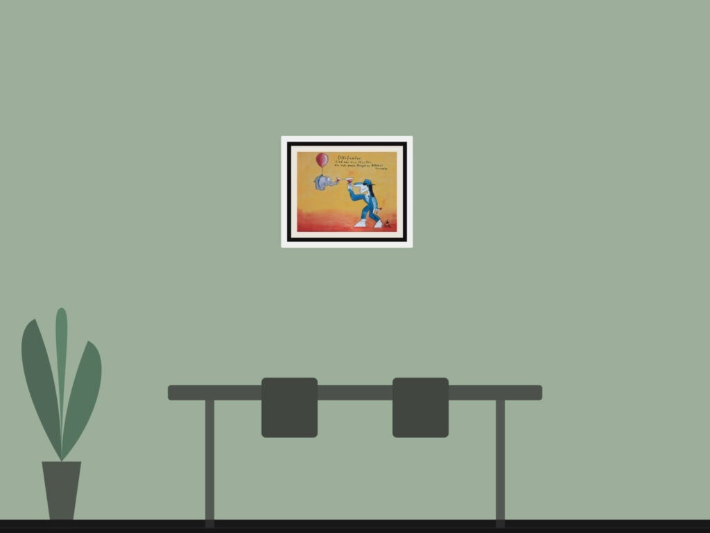 Reuer Visualizer für Otto Waalkes Illusion II, gerahmtes Format 56 x 46 cm an einer Wand.