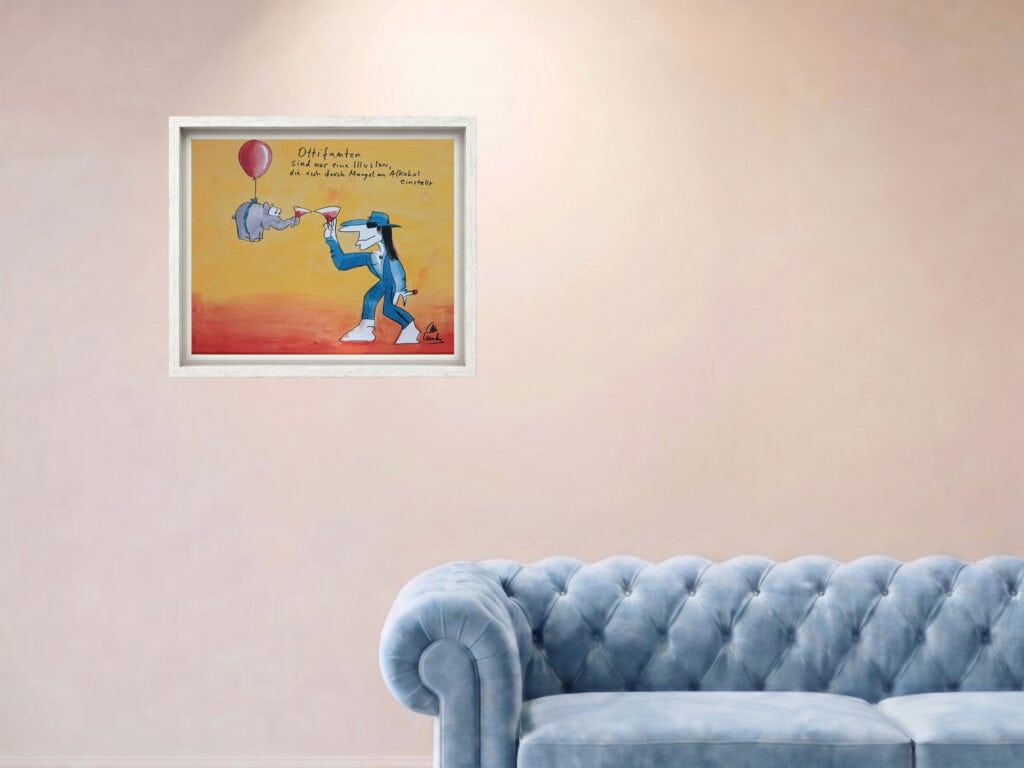 Otto Waalkes Illusion II gerahmt über einem Sofa an einer hellen Wohnzimmerwand als farbenfroher Blickfang.