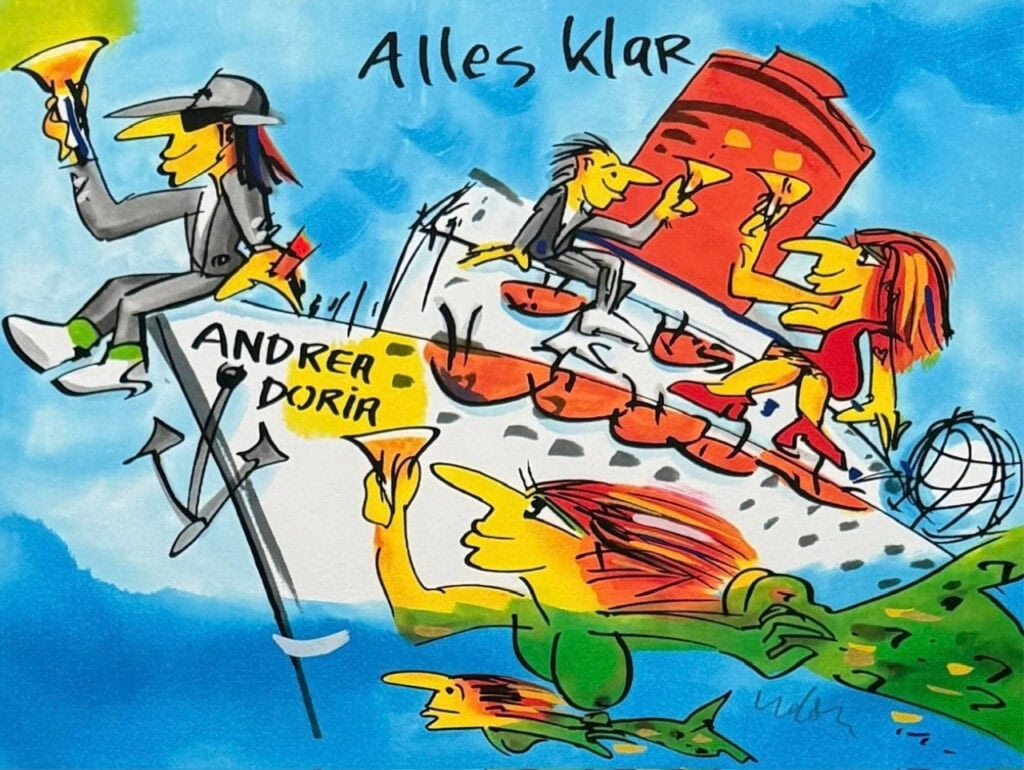 Udo Lindenberg Andrea Doria 2026: ungerahmtes Schiffsmotiv mit Meer, Figuren und rotem Aufbau.