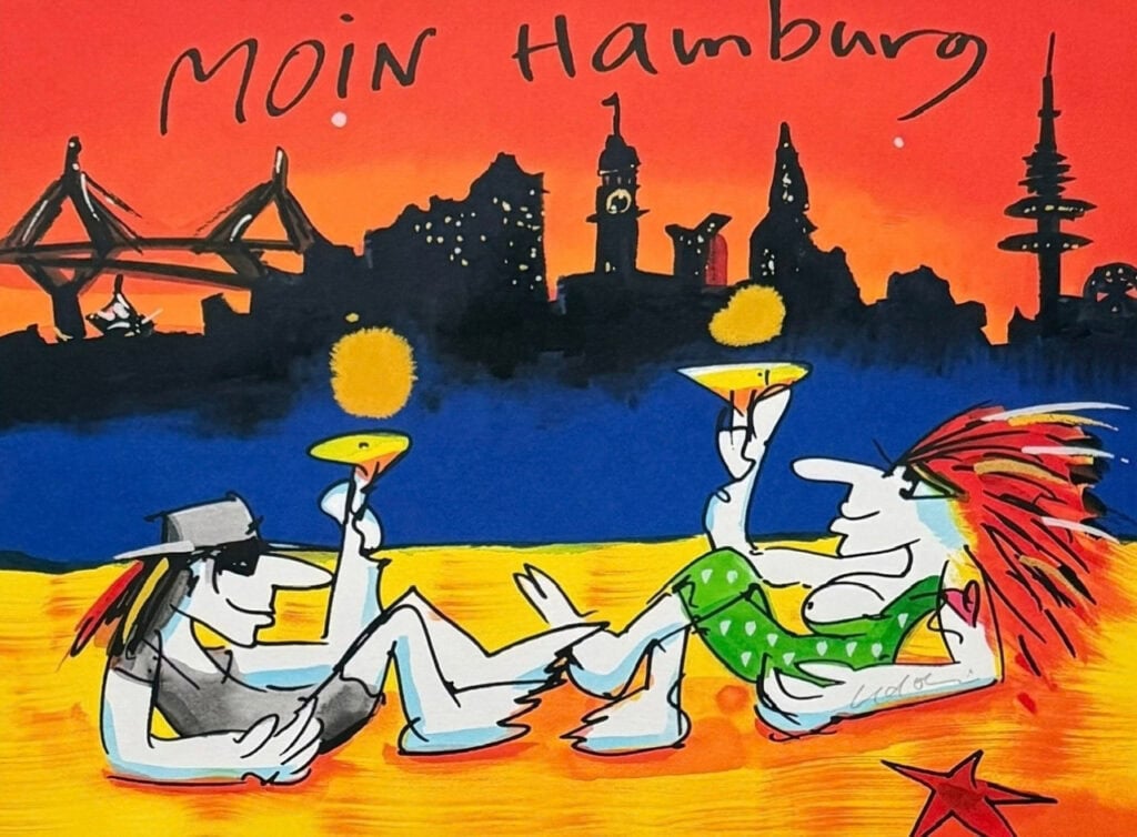 Udo Lindenberg Moin Hamburg 2026: ungerahmtes Motiv mit rotem Himmel, Elbe und Figuren am Strand.