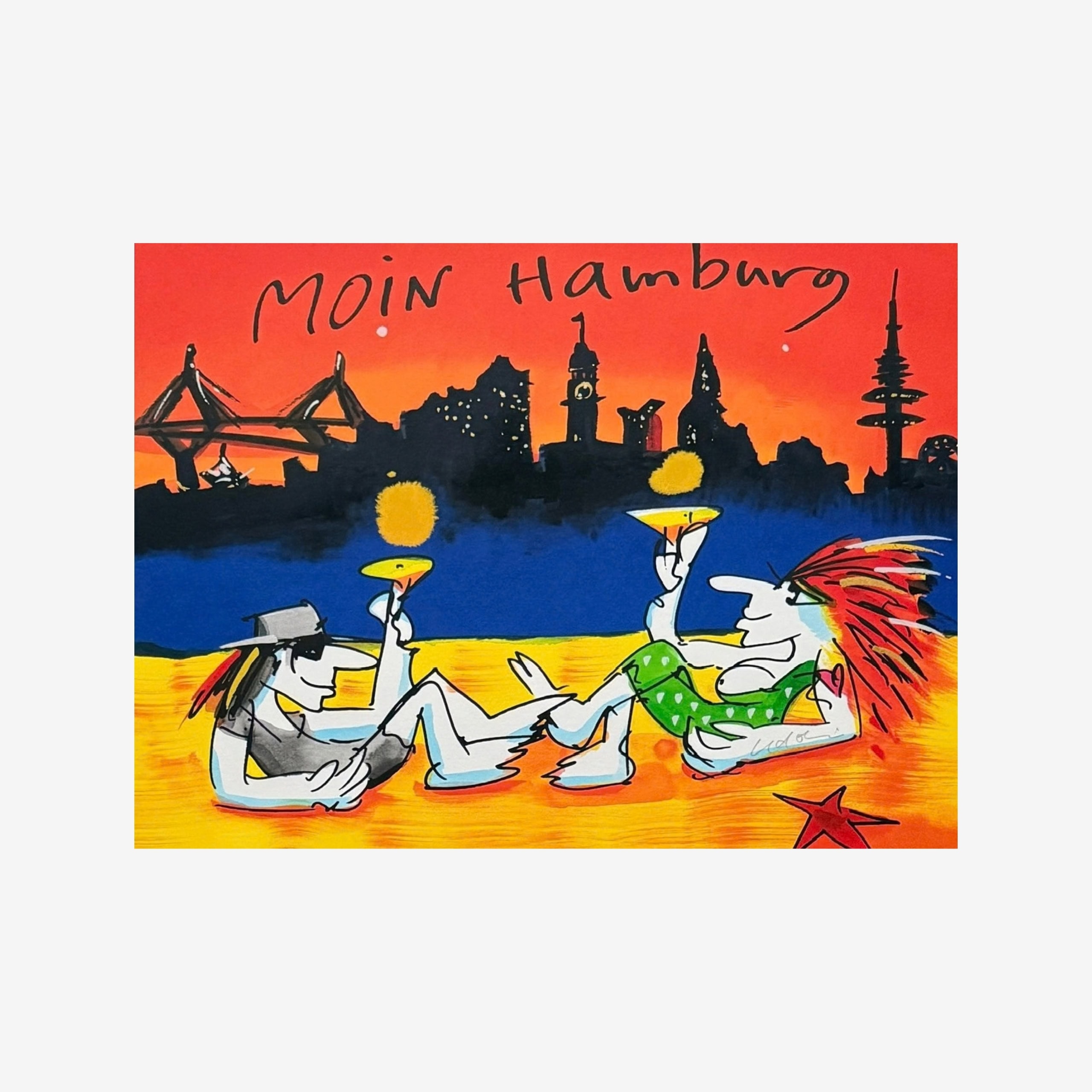 Objektansicht von Udo Lindenberg: Moin Hamburg 2026, mit rotem Abendhimmel und Hamburger Hafen.