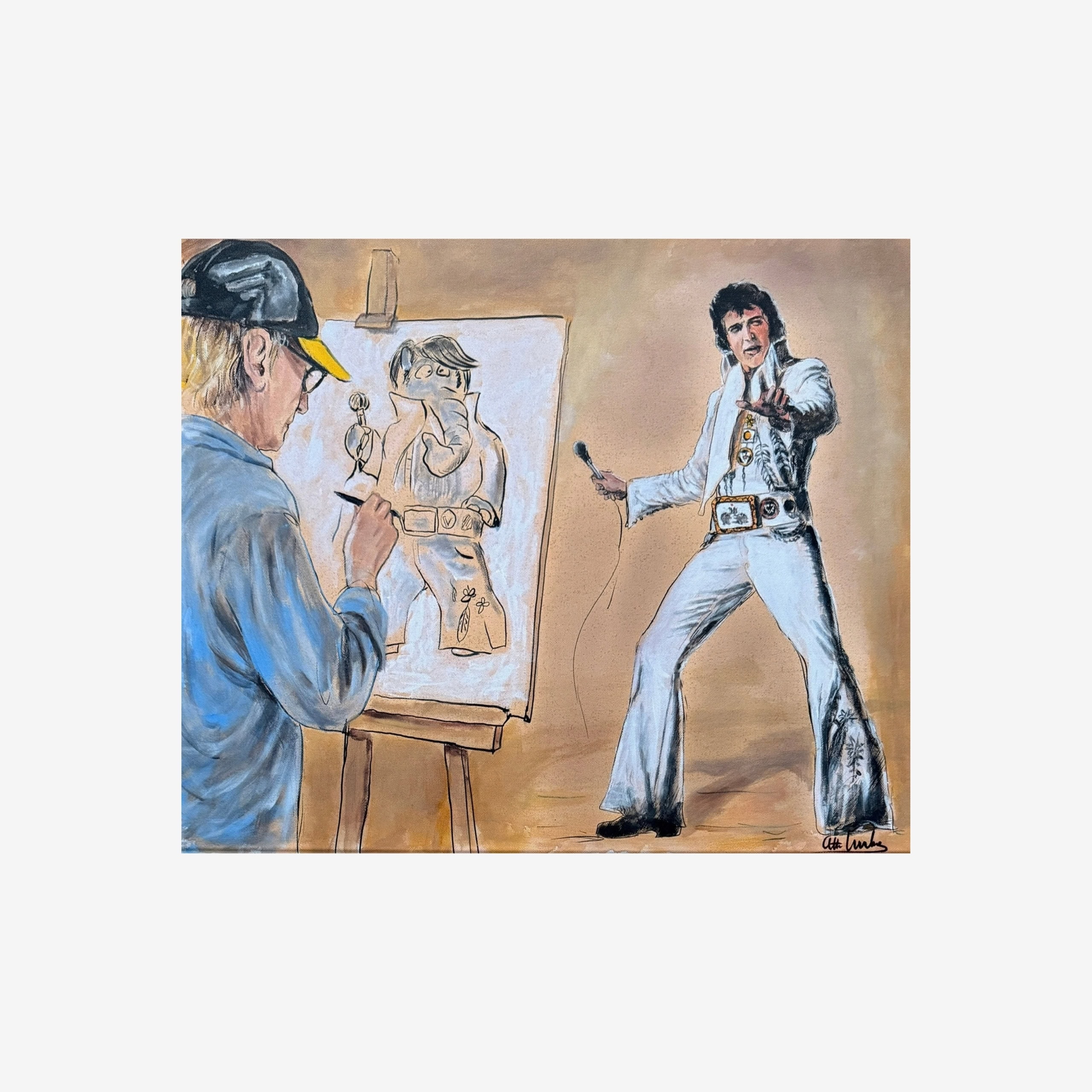 Otto Waalkes School of Rock I: Elvis im weißen Showanzug neben Otto an der Staffelei, Objektansicht.