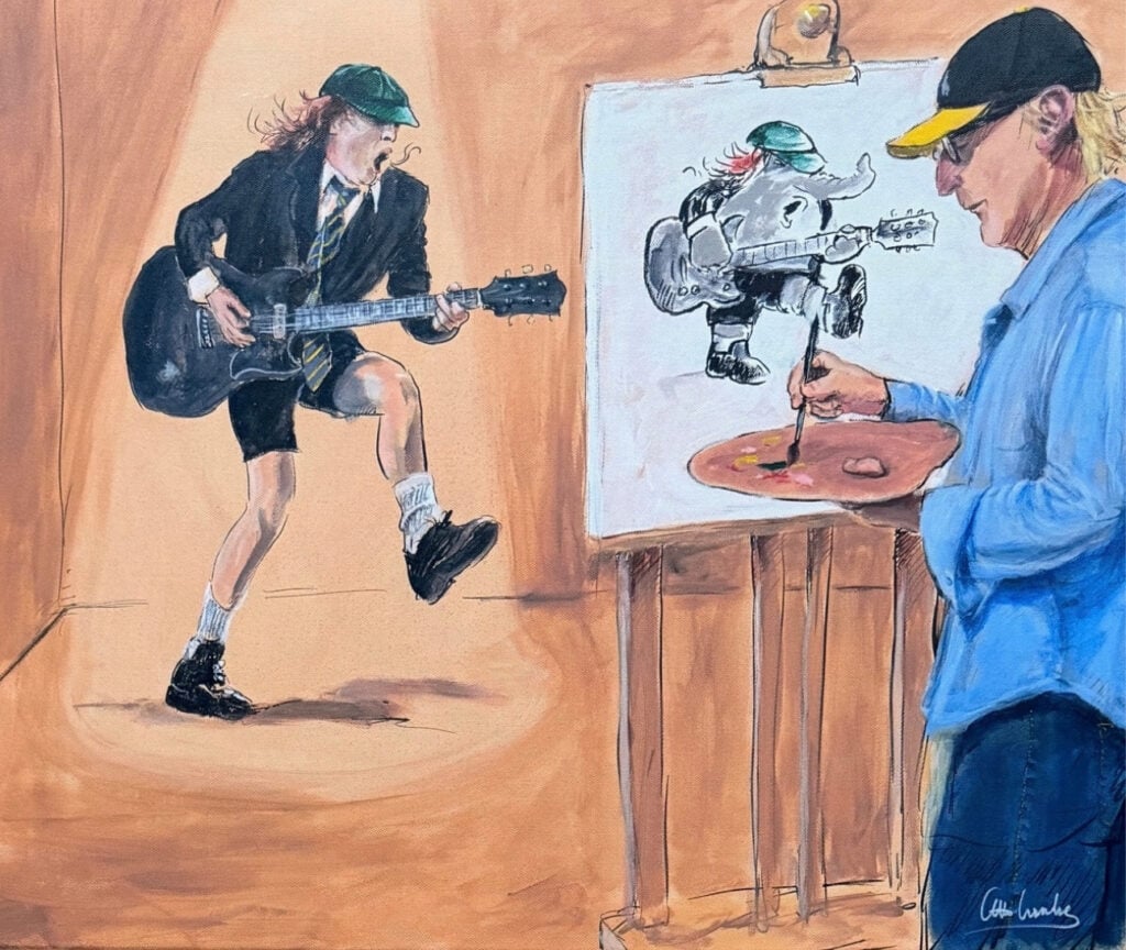 Otto Waalkes School of Rock II: vollständiger ungerahmter Pigmentdruck auf Leinwand mit AC/DC-Gitarristenmotiv.